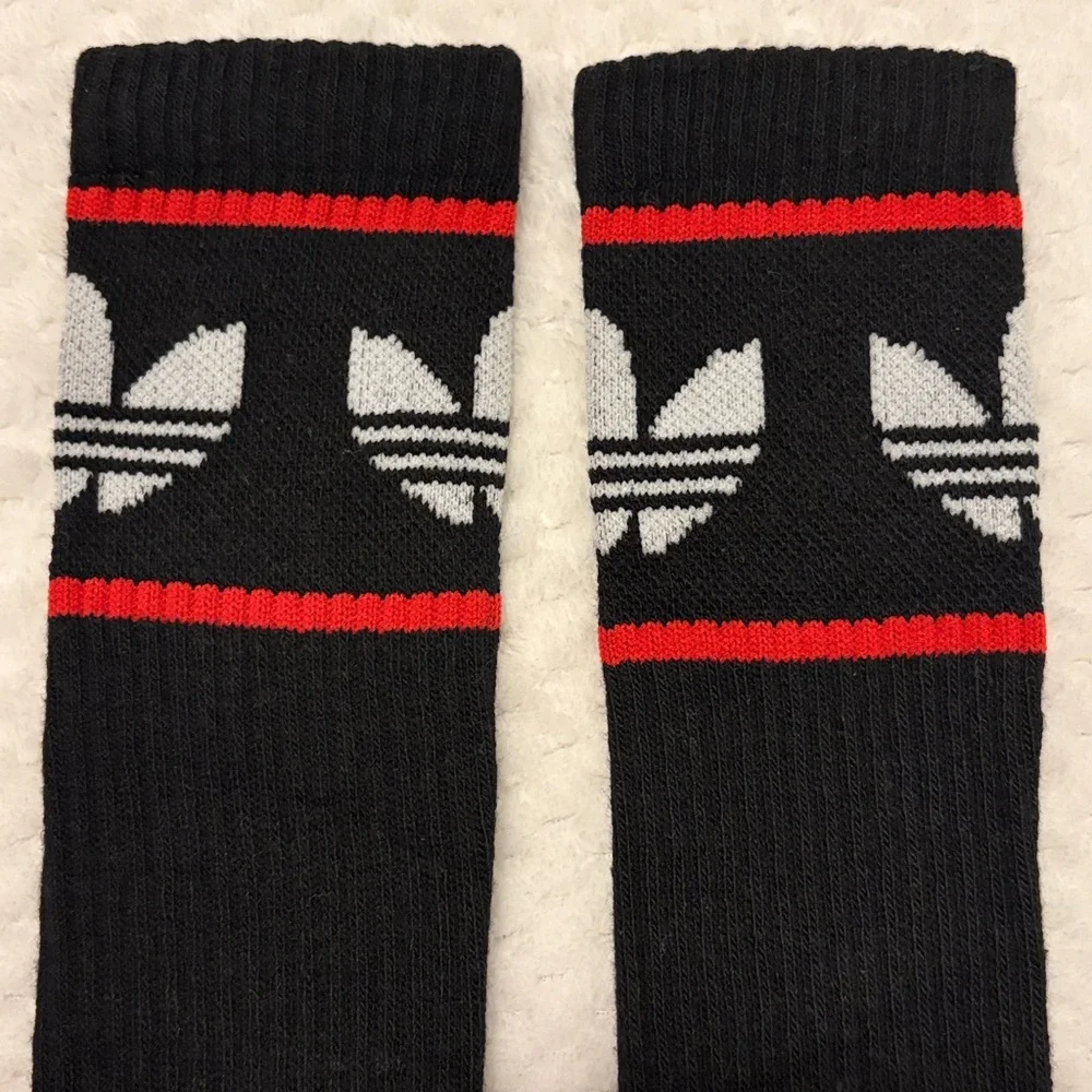 NWOT Adidas Black Crew Athletic Socks with Red Stripes and White Trefoil